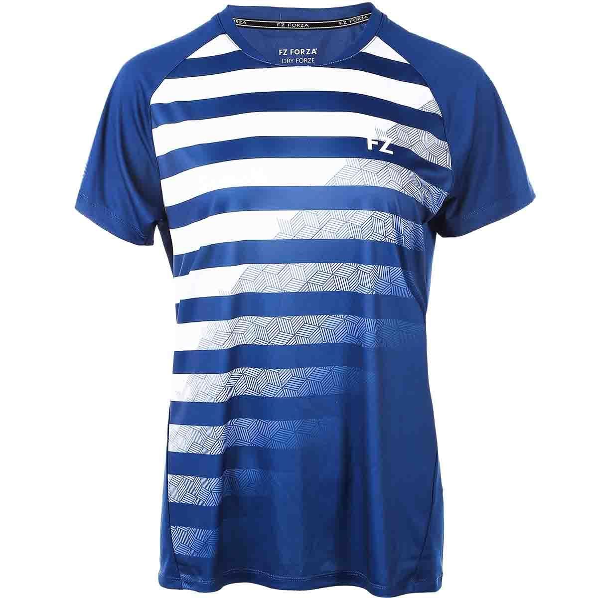 The FZ Forza Madison Women's Badminton T-Shirt in Estate Blue boasts an intricate geometric pattern inspired by Danish design, with horizontal white stripes of varying thickness. Made from quick-drying fabric, this short-sleeved crew neck shirt by FZ Forza is a perfect addition to your badminton clothing collection.