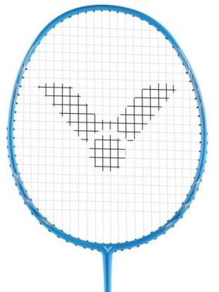 The Victor Auraspeed 2000M Badminton Racket, available in blue, is perfect for intermediate club-level players. It showcases a tightly woven, oval-shaped frame with a grid pattern and features the distinctive black Victor logo.