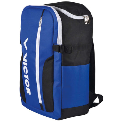 The Victor Backpack BR6011 Blue Badminton Bag is a lightweight sports backpack featuring a large main compartment, multiple storage compartments, side pockets, and adjustable straps. It comes in black and blue with white zippers and has "VICTOR" printed on the side.