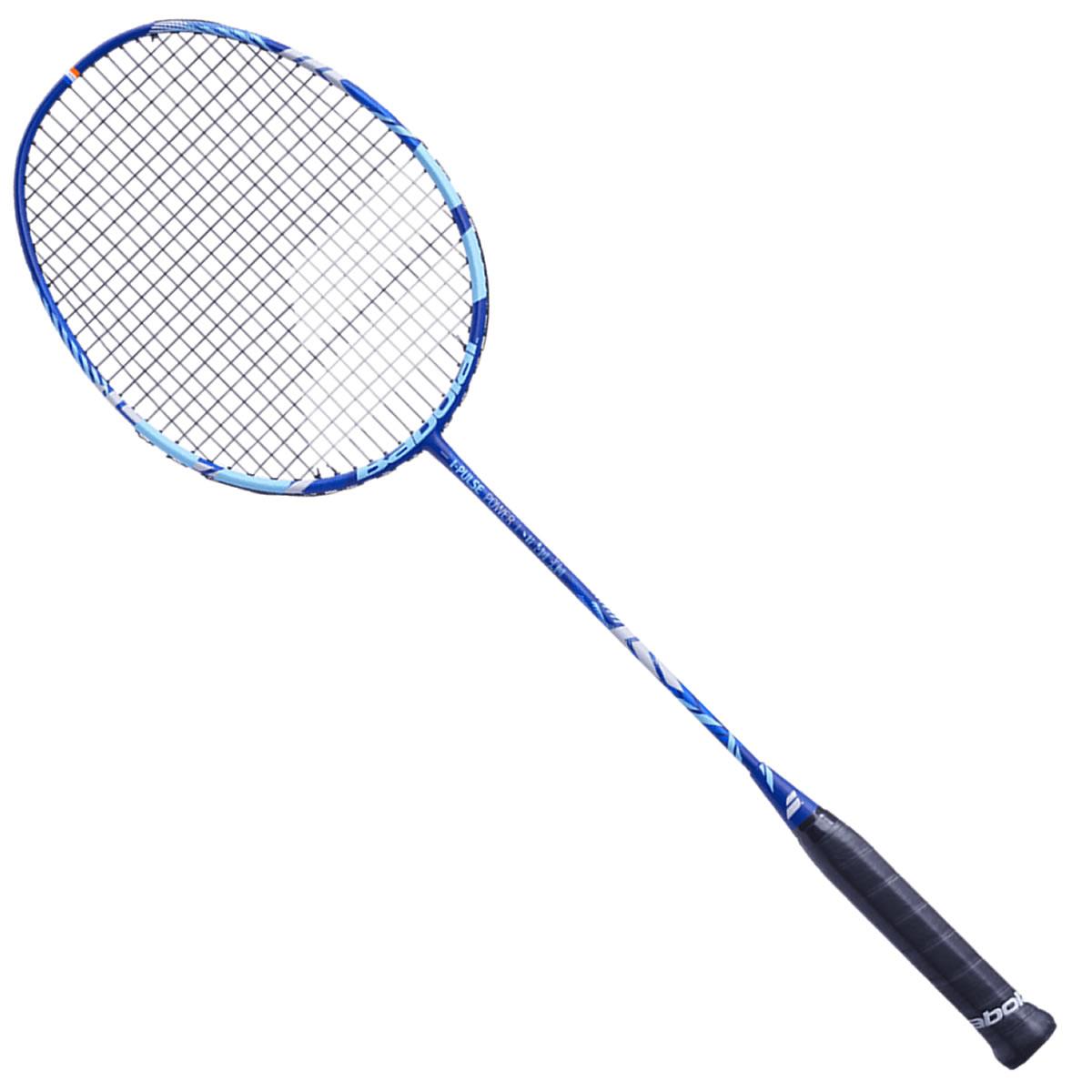 Introducing the Babolat I-Pulse Power badminton racket in blue and grey, featuring a black grip and white string pattern on the head. Expertly designed for an optimum kickpoint, it ensures maximum power with every strike, elegantly set against a white background.