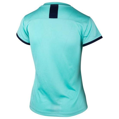 The Yonex YTL4 Women's Badminton T-Shirt in turquoise is a lightweight, short-sleeved shirt, showcased from the back. It features a breathable dark blue collar and sleeve trim with a vertical dark blue stripe at the upper back.