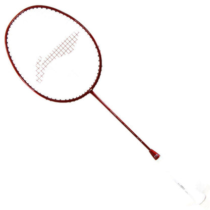 The Li-Ning XiPHOS X1 Badminton Racket in red, crafted by Li-Ning, boasts a white handle and is enhanced with a wing stabiliser for superior control and stability, featuring a mesh string pattern on its oval-shaped head set against a plain white background.