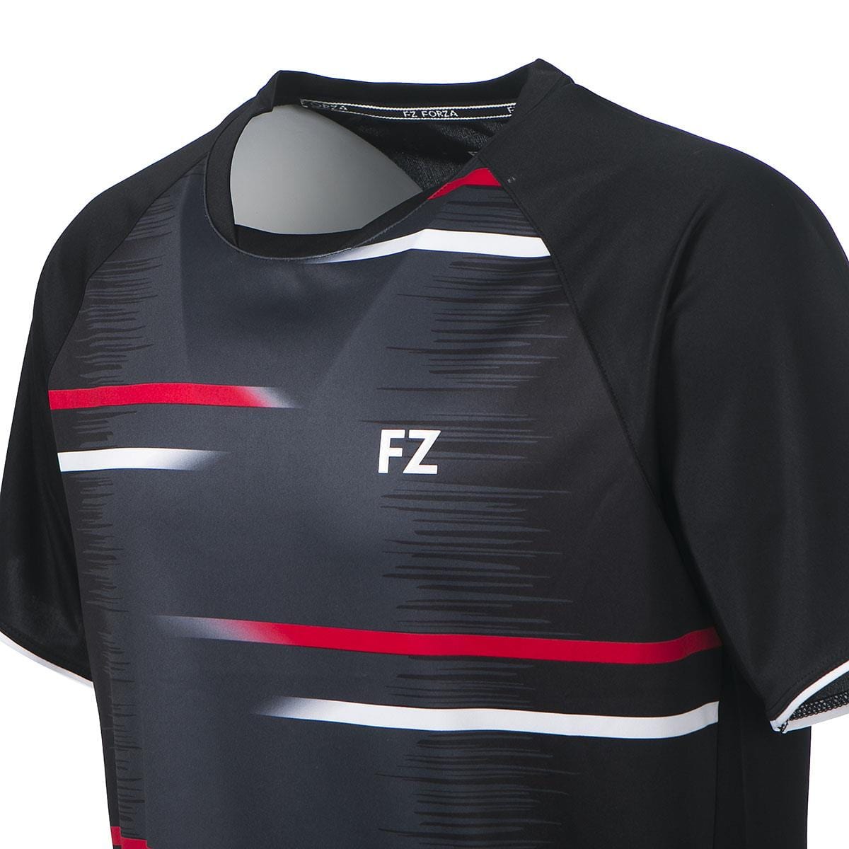 Close-up of the FZ Forza Moldavia Men's Badminton T-Shirt in black, showcasing red, gray, and white stripes. The "FZ" logo is prominently displayed on the chest, emphasizing its FZ Forza branding. This badminton-specific jersey includes short sleeves and a round neckline with Dryforze technology for enhanced comfort.