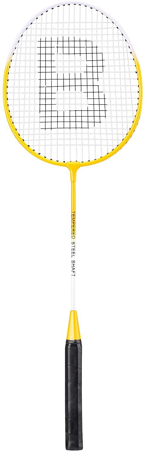 Introducing the Baseline 2 Player Pro Badminton Racket Set, showcasing a blue and yellow design. This racket features a black grip and a checkered string pattern on the head, crafted to ensure precision and durability.