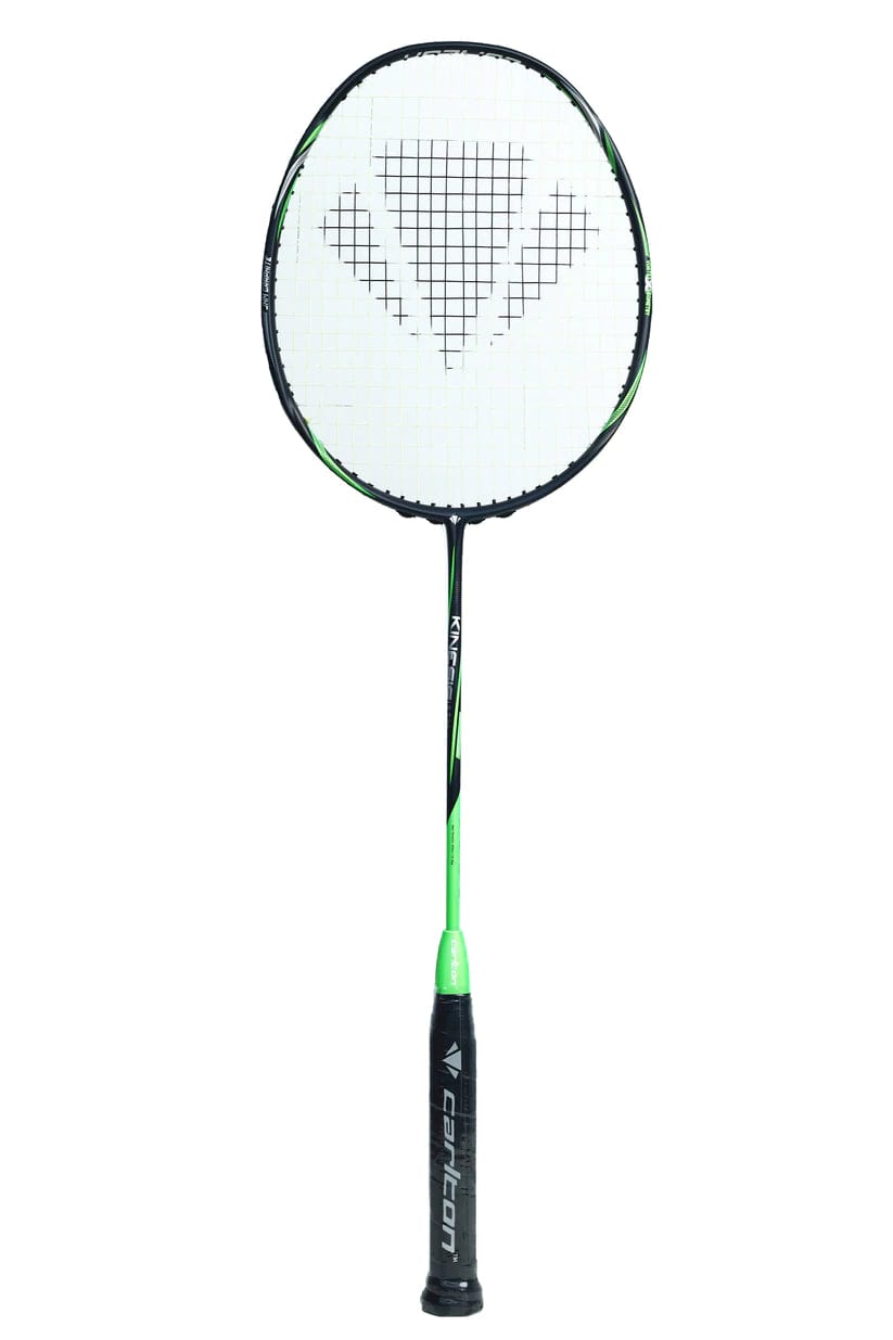 Introducing the Carlton Kinesis Ultra S-Tour Badminton Racket, featuring a white stringed head outlined with a black border and complemented by a green and black shaft. The racket's dark grip finishes with a green base displaying the Carlton brand markings. Its Xtreme Tension Frame provides durability, while Vortex Geometry enhances performance in any setting.