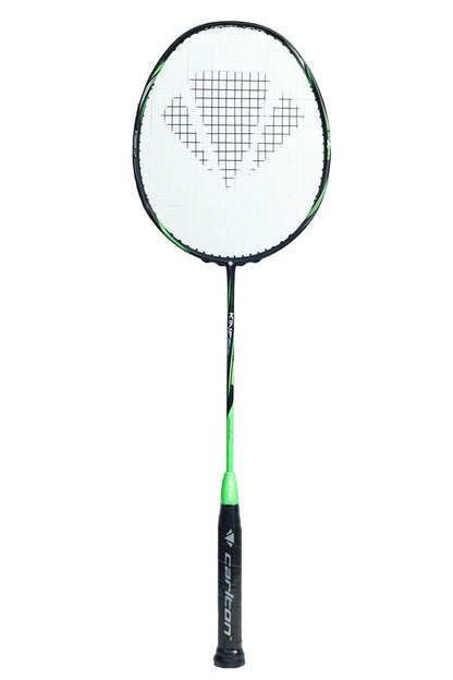 Introducing the Carlton Kinesis Ultra S-Tour Badminton Racket, featuring a white stringed head outlined with a black border and complemented by a green and black shaft. The racket's dark grip finishes with a green base displaying the Carlton brand markings. Its Xtreme Tension Frame provides durability, while Vortex Geometry enhances performance in any setting.