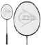 The Dunlop Nanoblade Savage Woven Special Lite Badminton Racket is showcased in two views, highlighting a black and white color scheme with an Isometric Head and a grid pattern on its strings adorned with the Dunlop logo. The Power-Ridge design boosts performance, and the cushioned handle promises a comfortable grip.