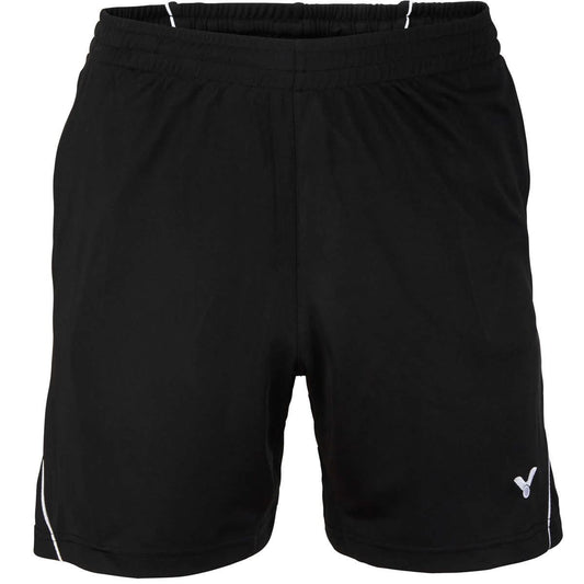 The Victor Badminton Short Function 4866 Black by Victor are crafted from stretchable material and feature an elastic waistband with a discreet white logo on the lower left leg. Subtle stitching accents and side striping enhance the design of these lightweight shorts, making them ideal for both athletic activities and casual wear.