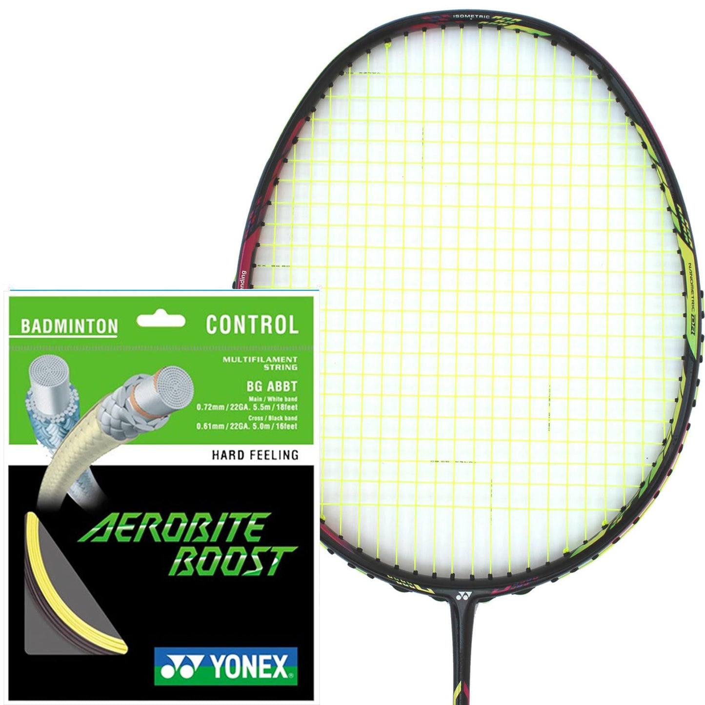 A Yonex Aerobite Boost Badminton String featuring a vibrant yellow tone is displayed next to its packet, which emphasizes its "hard feeling" and "BG AB BT" qualities through detailed visuals and text, showcasing the precision Yonex strings are known for.