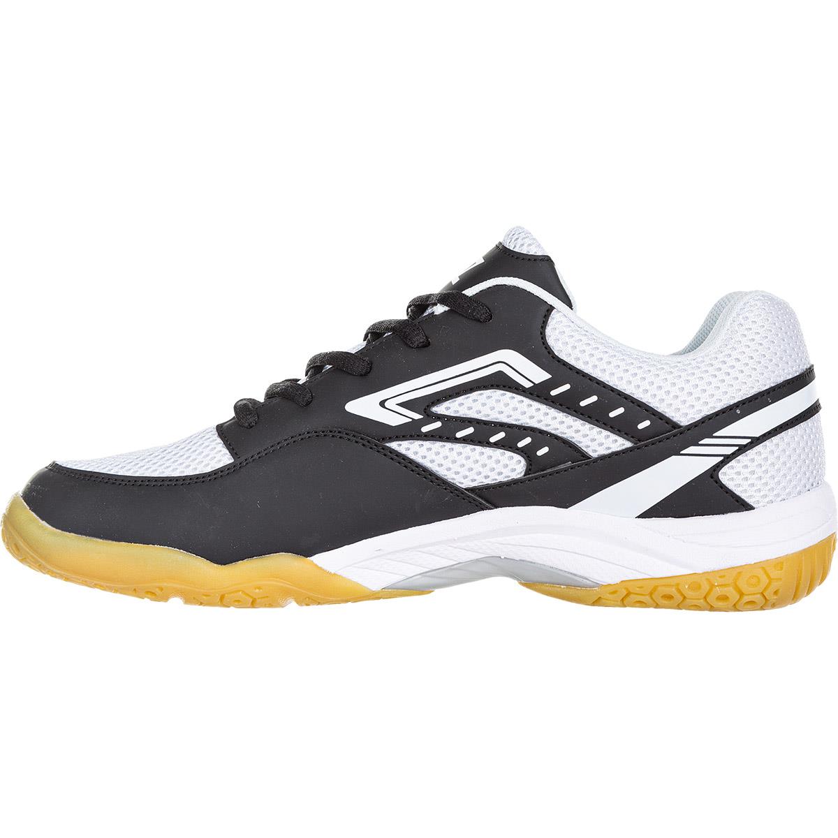 Introducing the FZ Forza X-Pulse Men's Badminton Shoes in black and white, featuring a gum sole. Crafted by FZ Forza, these stylish shoes offer a mesh upper with synthetic overlays for enhanced durability. Equipped with Drylex technology and adorned with a side logo, this lace-up design is ideal for indoor sports activities.