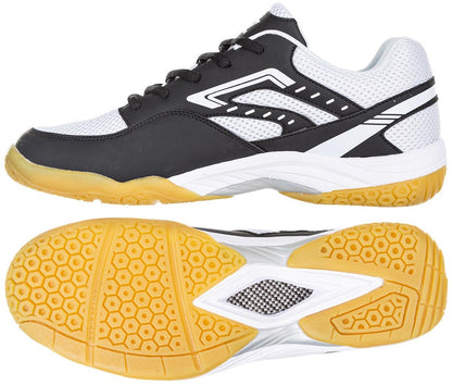 The FZ Forza X-Pulse men's badminton shoes from FZ Forza feature a stylish black and white design complemented by a gum sole. They are equipped with Drylex mesh for enhanced breathability, boast a practical lace-up design, and have patterned tread to ensure optimal grip. The sides of the shoes are adorned with a stylized logo, while the sole displays an eye-catching hexagonal pattern.