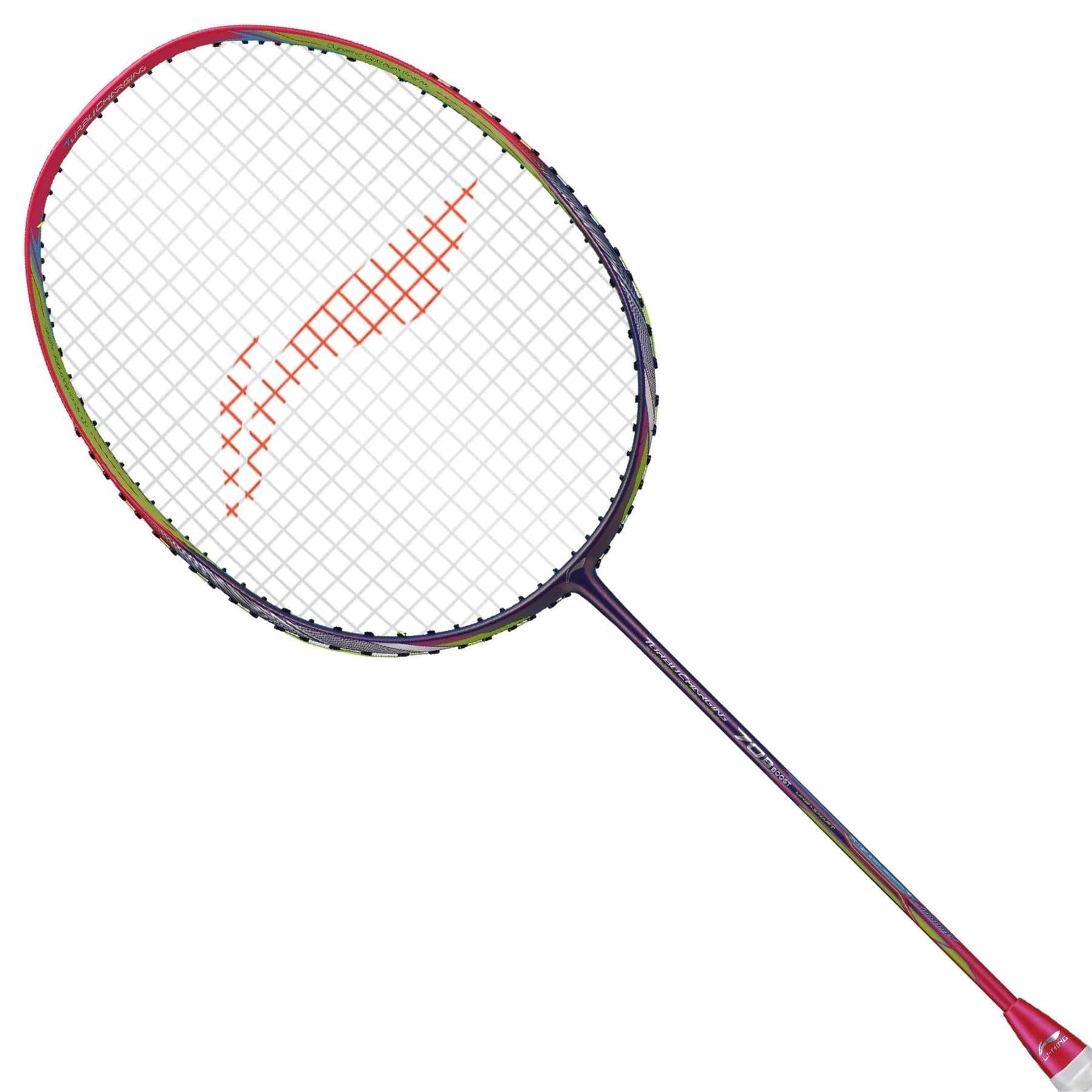 The Li-Ning Turbo Charging 70 Boost 3U Badminton Racket (Unstrung) showcases a vibrant design with a sleek black frame, a vivid red shaft, and an eye-catching orange logo on the strings. Its aerodynamic efficiency is further enhanced by green and red accents. The racket is displayed diagonally against a white background.