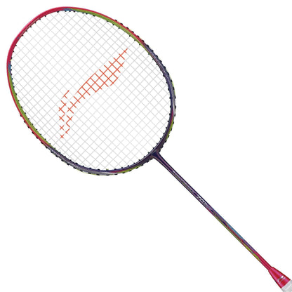 The Li-Ning Turbo Charging 70 Boost 3U Badminton Racket (Unstrung) showcases a vibrant design with a sleek black frame, a vivid red shaft, and an eye-catching orange logo on the strings. Its aerodynamic efficiency is further enhanced by green and red accents. The racket is displayed diagonally against a white background.