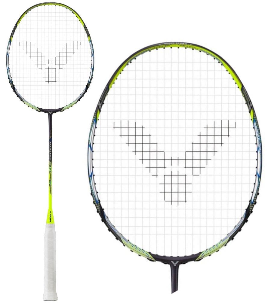 The Victor Jetspeed S 12TD badminton racket by Victor showcases Aero-Sword technology, a white grip, and a sleek black and yellow frame. Constructed with Pyrofil Carbon Fibre, the strings create a distinct "V" symbol. The plain white background accentuates the intricate details of the racket head in close-up.