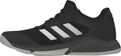 The Adidas Court Team Bounce Men's Badminton Shoes in black are designed with three signature white stripes on the side. Made from Primegreen recycled materials, these shoes feature a textured midsole and light gray outsole, making them ideal for running or sports. The breathable mesh upper and black laces provide comfort during high-intensity activities like badminton.