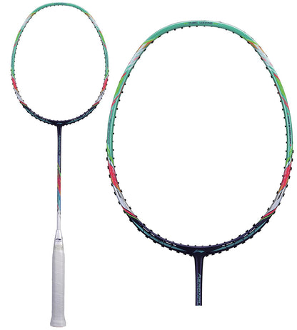 Two perspectives of the Li-Ning Aeronaut 7000 Instinct badminton racket, equipped with a white grip and featuring a multicolored frame in shades of blue and green. The racket is showcased upright to emphasize its elegant design and lightweight build.