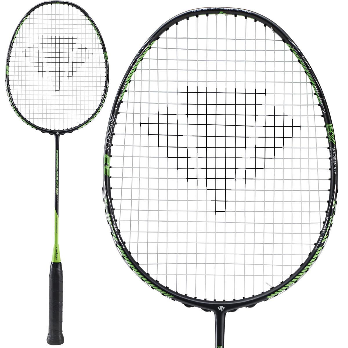 The Carlton Powerblade EX200 Badminton Racket, by the brand Carlton, features a sleek design in green and black. Crafted from Japanese Graphite, it includes a black grip handle for enhanced control and power. The strings showcase a distinctive logo, with another view of the racket elegantly displayed on the left side.