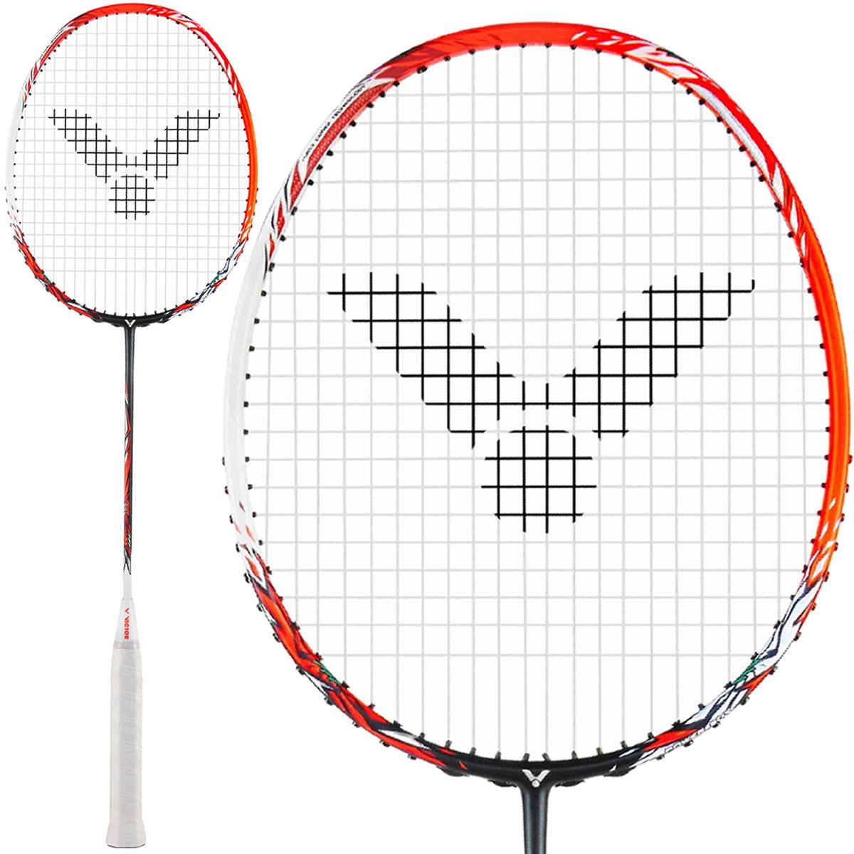 Close-up of a badminton racket featuring a black and orange frame and black strings creating a central design. The handle is wrapped in white. Another view shows the full Victor Thruster Ryuga power racket by Victor in the background.