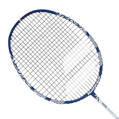 A grey blue badminton racket by Babolat with a grid of strings and a white handle, designed for versatility. The slightly oval-shaped frame features brand markings along the edge, ensuring PRIME POWER in every swing.