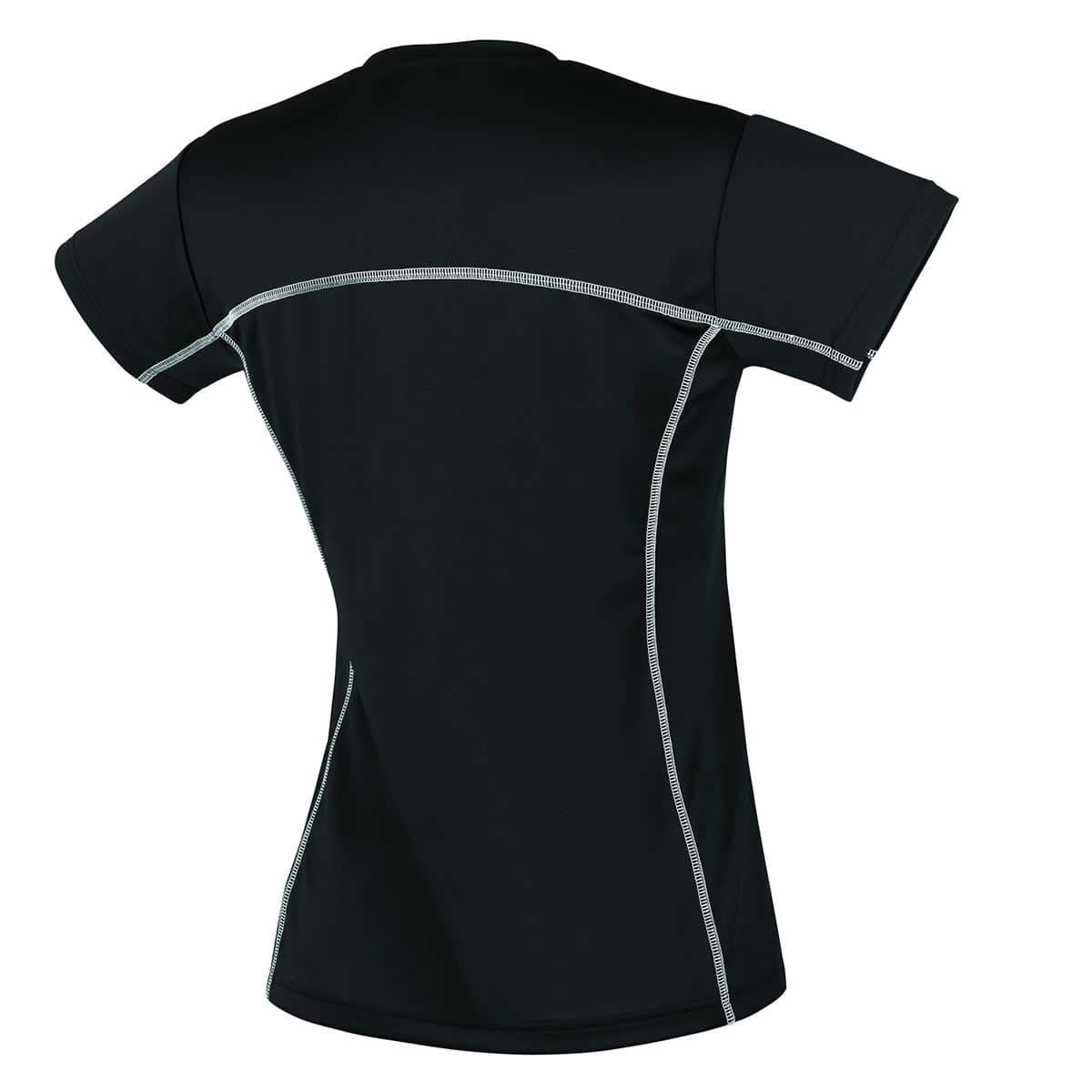 The Yonex YTL1 Black Team Ladies/Womens Badminton T-Shirt, featuring a fitted design and anti-static technology, is shown from the back. This Yonex shirt has short sleeves and white stitching along the seams, set against a plain white background.