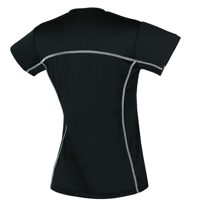 The Yonex YTL1 Black Team Ladies/Womens Badminton T-Shirt, featuring a fitted design and anti-static technology, is shown from the back. This Yonex shirt has short sleeves and white stitching along the seams, set against a plain white background.