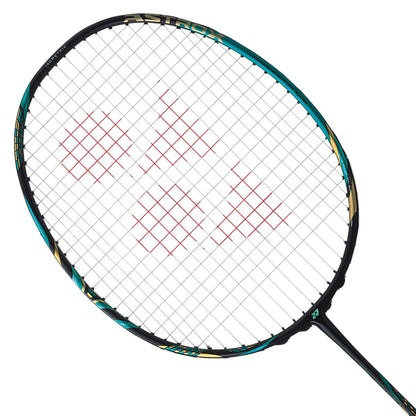 The Yonex Astrox 88S Play Badminton Racket, in a vibrant emerald blue finish, is a graphite racket tailored for beginner and intermediate players. It features an elegant design with turquoise accents on the head and shaft, complemented by white strings accented with a bold red pattern near the center, ideal for enhancing your gameplay.