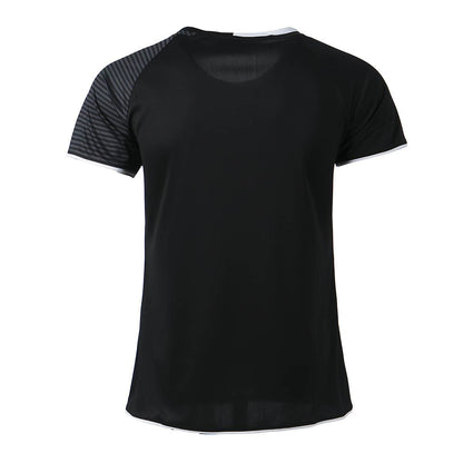 The FZ Forza Sazine Women's Badminton T-Shirt in black is showcased from the back, featuring a sleek matte finish. It flaunts the signature FZ Forza design with a distinctive single striped shoulder on the left, incorporating quick-drying Dryforze technology for optimal performance.