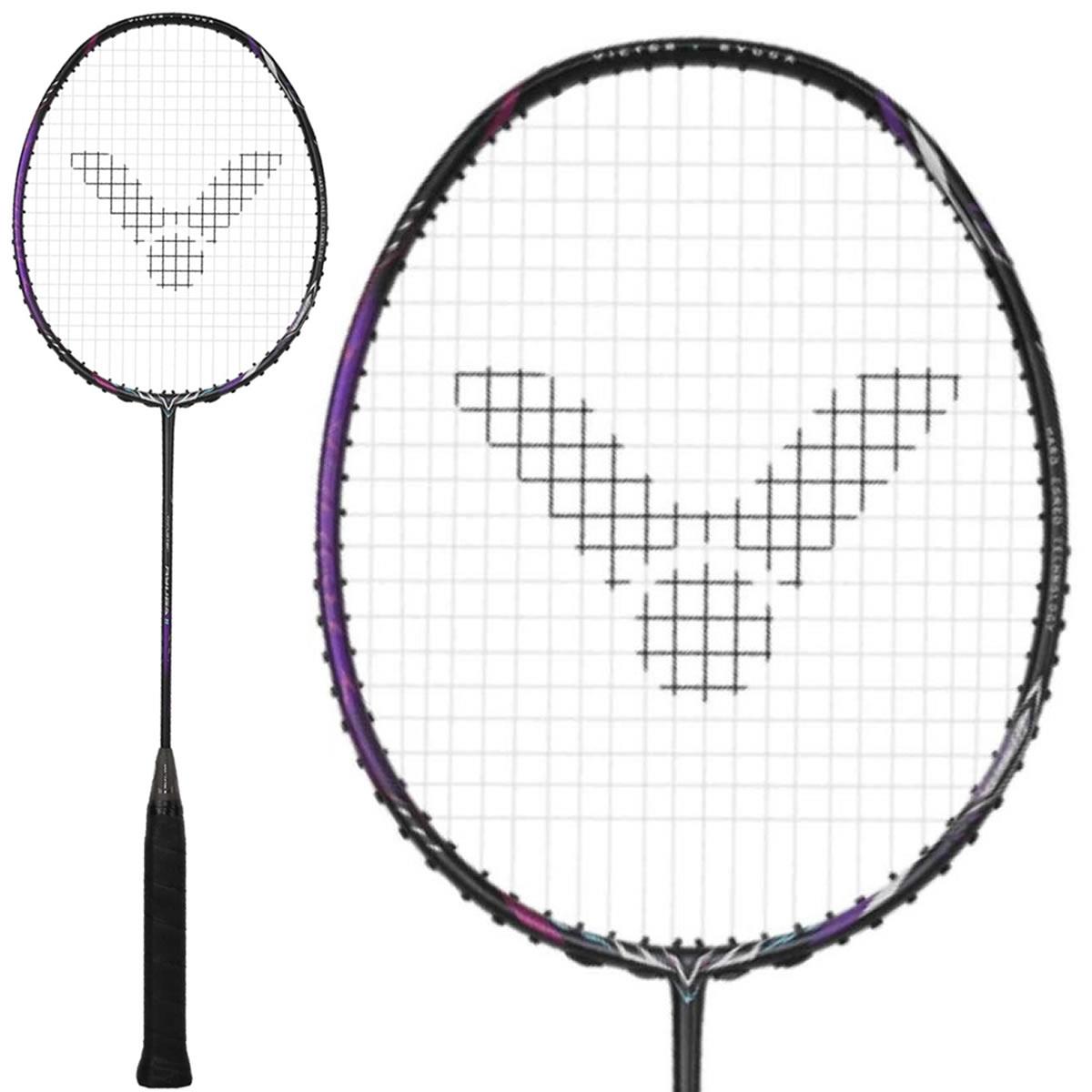 The Victor Thruster Ryuga II 3U Badminton Racket by Victor showcases a black handle and a white net, designed perfectly for offensive players like Lee Zii Jia. The unique strings craft an artistic bird pattern at the center. Its frame presents subtle purple accents on a black background. Explore two perspectives: an up-close view of the racket's head and a complete full-length image.