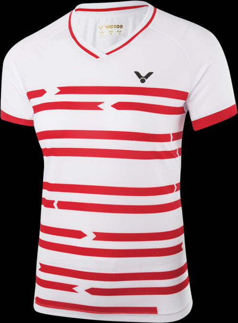 Introducing the Victor Badminton Shirt Denmark Women's White 6618 by Victor. This stylish short-sleeved badminton shirt is inspired by the Danish national team's design, featuring red horizontal stripes across the chest and sleeves. It includes a V-neck, made with functional material for optimal performance, and showcases a subtle black logo on the upper left side.