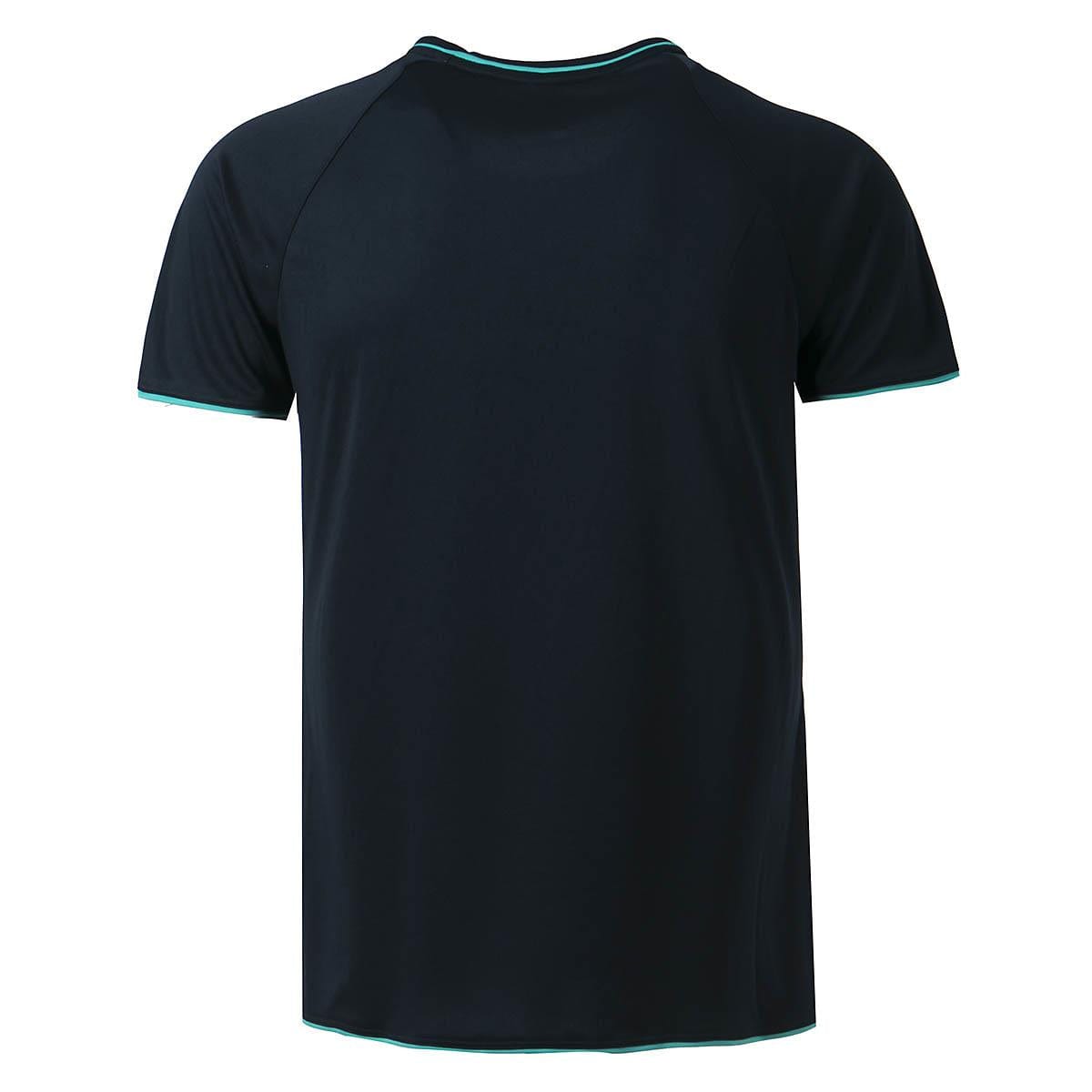 The FZ Forza Seolin Men's Badminton T-Shirt in Sapphire Blue is a sleek, short-sleeved tee featuring a crew neckline, displayed from the back. This Danish design blends comfort and style with DryForze technology and subtle teal trim along the edges that enhances its understated elegance.