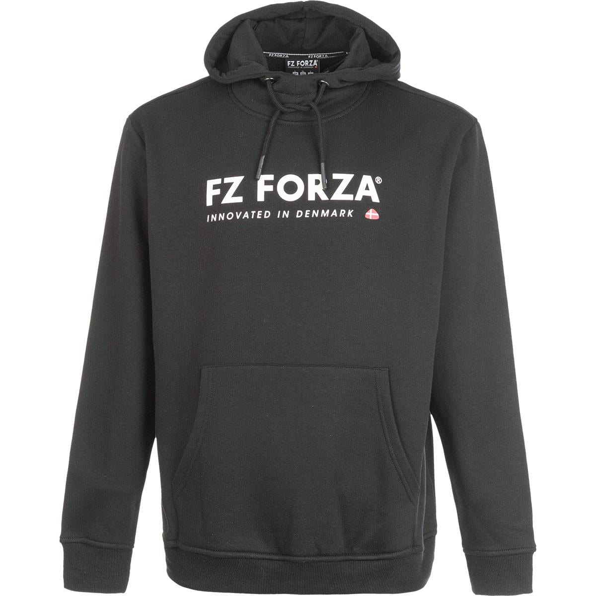 The FZ Forza Boudan Badminton Hoodie in black, from the renowned brand FZ Forza, is ideal for both court and casual wear. It is displayed against a plain background, featuring a white logo and the text "Innovated in Denmark" on the front. This chic hoodie comes with a drawstring hood and a practical front pocket.