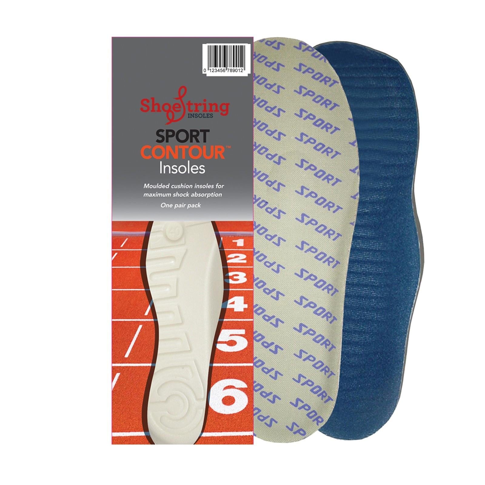 The packaging of Shoestring Sport Moulded Insoles showcases a running track motif, clearly displaying the contoured shape of the insoles. Emphasizing superior foot support, it features two insoles: one adorned with a "SPORT" pattern and another boasting a blue textured surface for improved shock absorption.