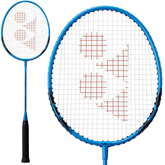 The Yonex B4000 Badminton Racket - Blue, ideal for beginners, showcases a black handle and an eye-catching red string pattern on the racket head. Engineered for optimal performance, its sleek design contrasts elegantly against a white background.