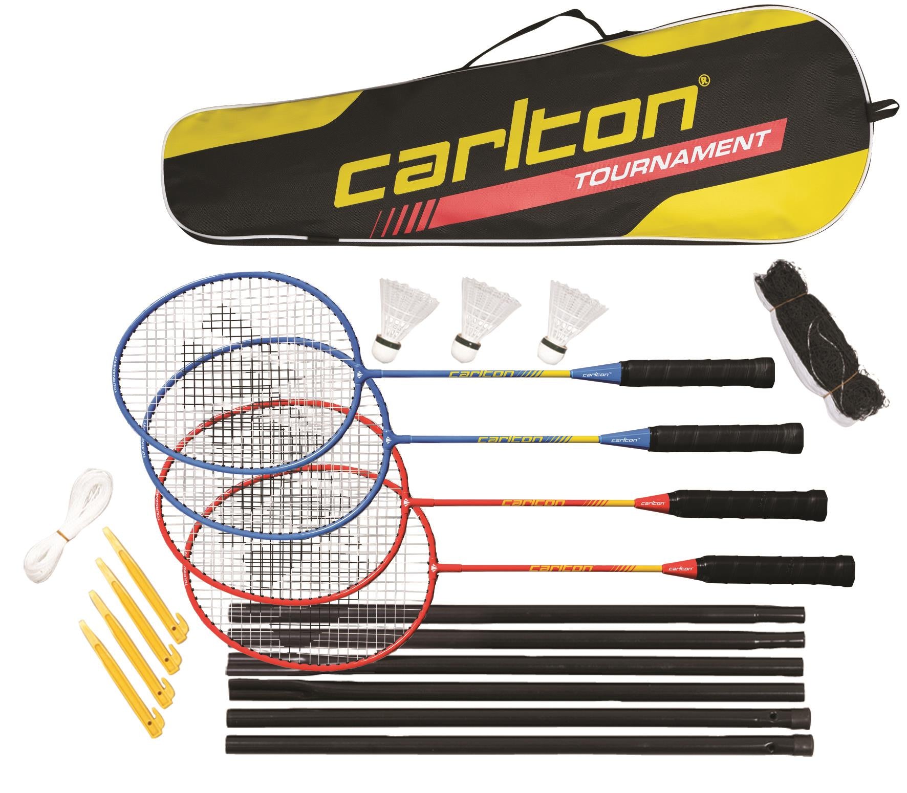 The Carlton Tournament 4 Player Set includes four steel alloy rackets with red and blue detailing, three shuttlecocks, poles, a net, ground stakes, and strings. This comprehensive badminton set is packed in a vibrant yellow and black bag.