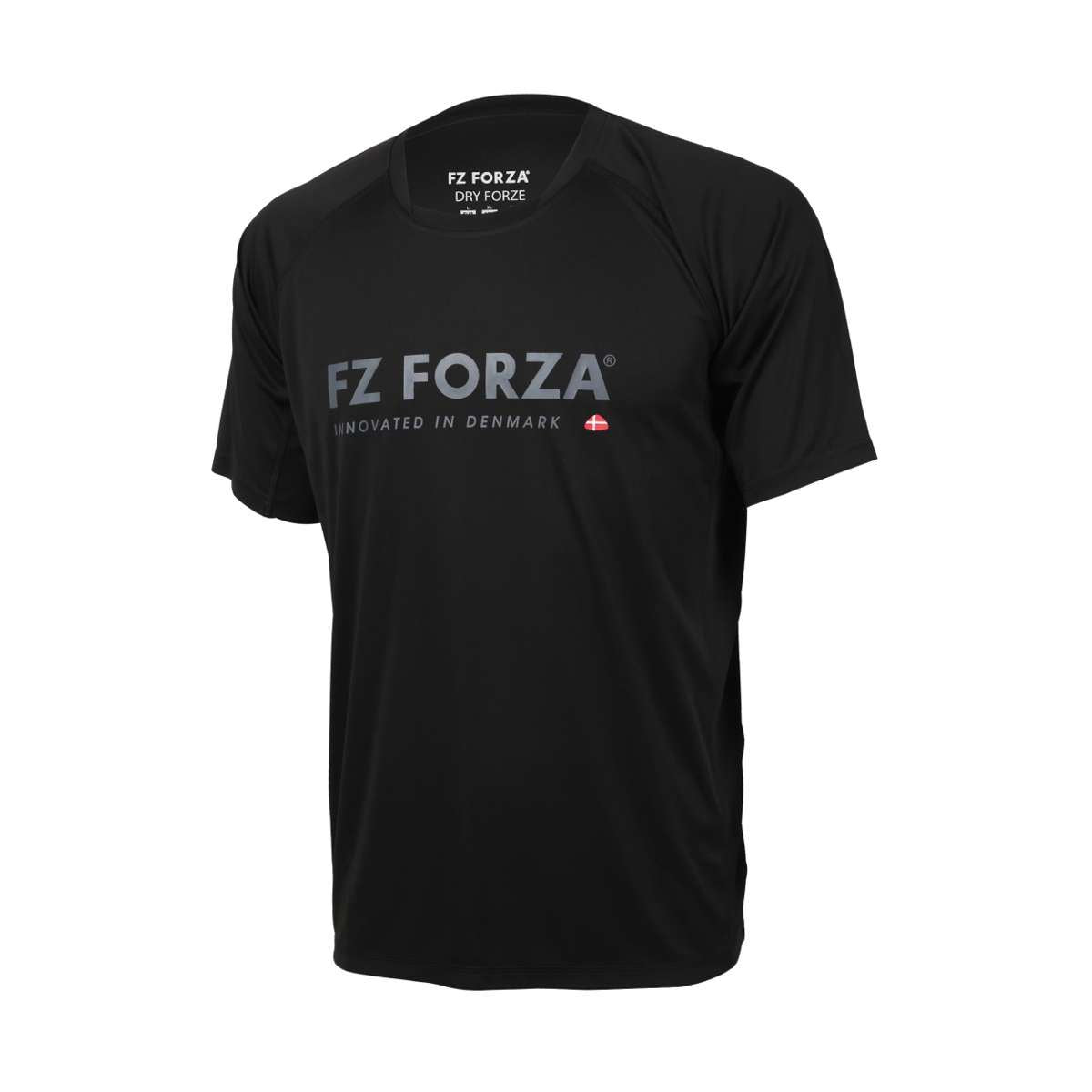 The Forza Bling Men's Badminton T-Shirt in black by FZ Forza features prominent "FZ FORZA" text on the front, with "Innovated in Denmark" and a small Danish flag underneath. Made from lightweight material, this short-sleeved crew neck offers excellent breathability and comfort.