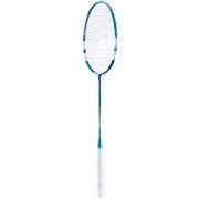 The Babolat Satelite Origin Essential Badminton Racket - Blue is a versatile racket with a sleek blue and white design, featuring a slim handle and an oval-shaped head, perfect for club-level doubles players. Equipped with white strings, it provides excellent precision and agility on the court.