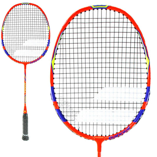 The Babolat Junior 2 Racket - Red, designed for players under 10, showcases a colorful frame with red and blue hues, complemented by black stringing and a black grip handle. The oval head features stylish accents of yellow and white on a simple white background, making it an excellent choice for beginner players.