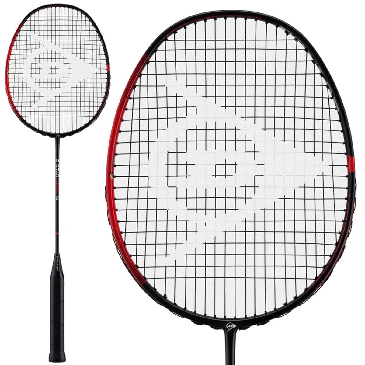 Dunlop Z-Star Control 78 Badminton Racket, crafted for advanced players, features a stylish black and red design with a distinctive white triangle logo on the strings. Displayed from two perspectives—a complete view and a head close-up—this Dunlop racket incorporates Sonic Core Infinergy technology to enhance repulsion power.