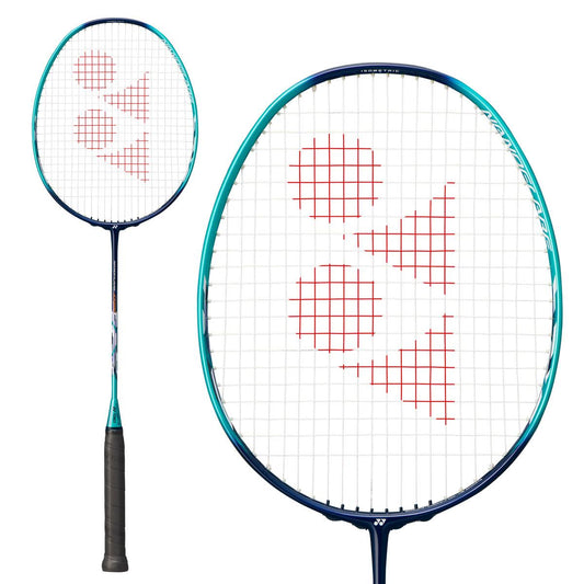 The Yonex Nanoflare Junior Light badminton racket by Yonex boasts a blue and green handle and frame, ideal for young athletes. Its white strings feature a red geometric logo pattern. The image includes both a full view and a close-up of the head, highlighting its style and precision.