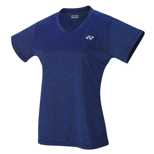 Introducing the Yonex YTL2 Women's Badminton T-Shirt in Royal Blue—an ideal choice for fitness training. This t-shirt features a small logo on the left chest, a stylish v-neck design, and boasts a subtle heather pattern that complements its short sleeves perfectly.