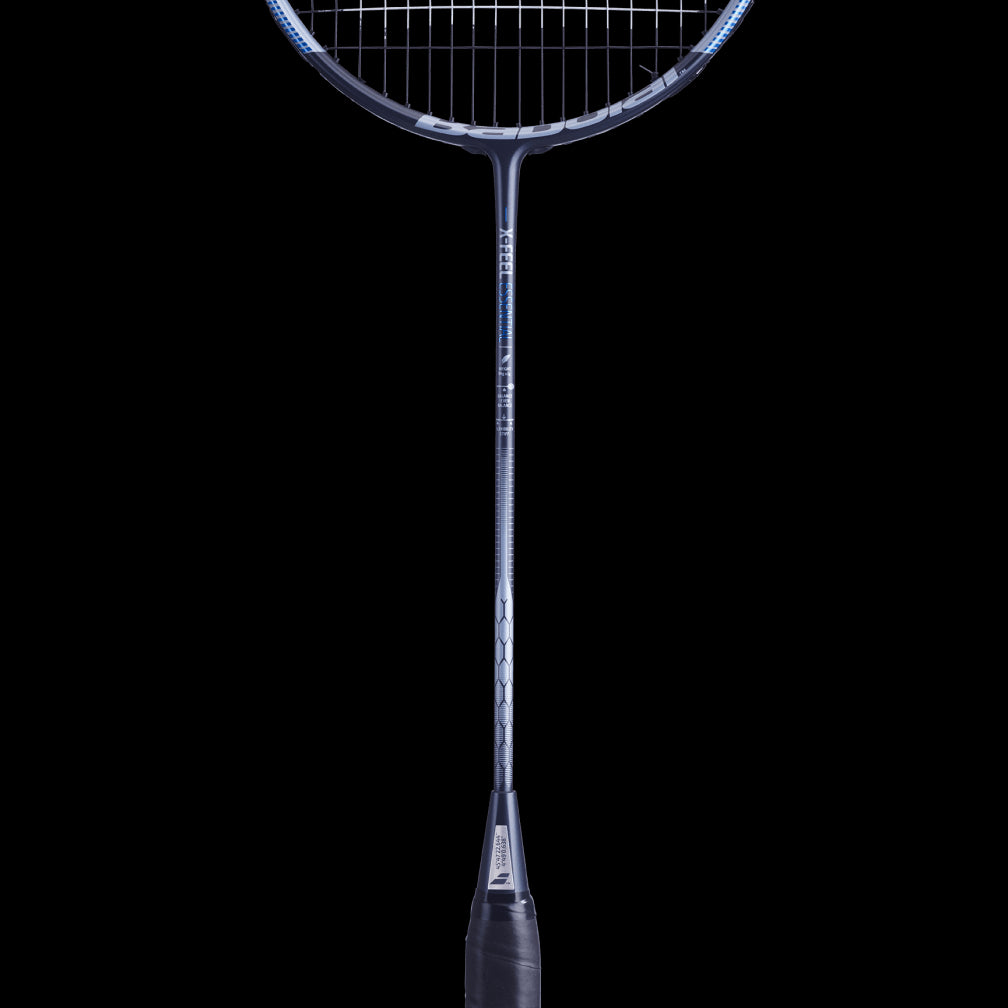 This Babolat X-Feel Essential Badminton Racket in Blue Grey showcases a sleek design. It features tightly woven strings and a textured grip, with its enhanced durability attributed to the innovative Metric Flex technology.