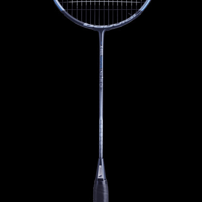 This Babolat X-Feel Essential Badminton Racket in Blue Grey showcases a sleek design. It features tightly woven strings and a textured grip, with its enhanced durability attributed to the innovative Metric Flex technology.