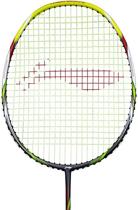 Close-up image of the Li-Ning Carbon Series A900 badminton racket featuring a colorful grip. The Dynamic-Optimum Frame enhances performance, while the strings form a grid pattern with a subtle graphic design. The frame boasts vibrant grey and green accents.