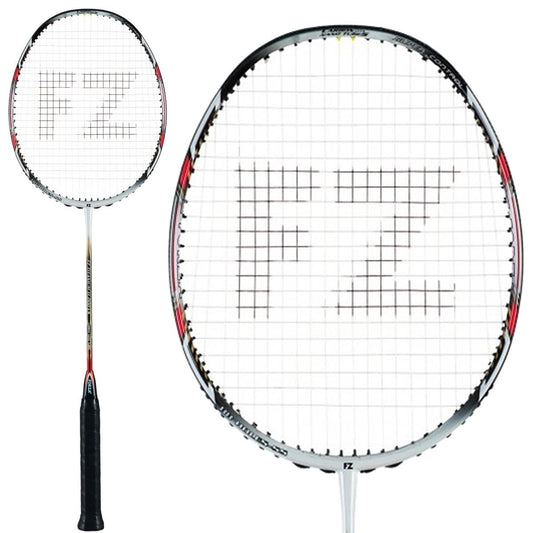 The FZ Forza Precision 11000 VS Badminton Racket - White Black, by FZ Forza, is a professional-grade racket perfect for tournament play. It features "FZ" printed on the strings and boasts a white frame with stylish black and red accents. The black handle pairs beautifully with the detailed close-up view of the racket head beside it.