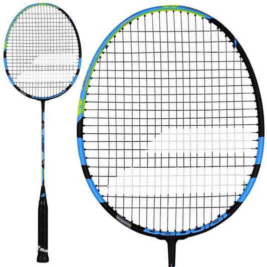 The Babolat X-Feel Essential Badminton Racket, available in a sleek black and blue design, features a distinctive white grid pattern on the strings. Enhanced by the Metriflex System, its handle includes a secure black grip. The racket is showcased from two perspectives: a complete view and an up-close look at the head.