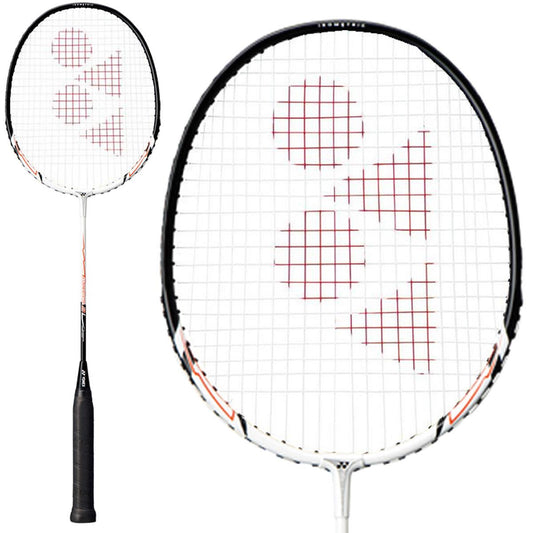 The Yonex Muscle Power 2 Badminton Racket - White boasts a black handle and white head, featuring an ISOMETRIC™ design with distinct red triangular and circular string patterns. The iconic Yonex logo is prominently displayed, and the racket is presented in both full-length and detailed close-up views.