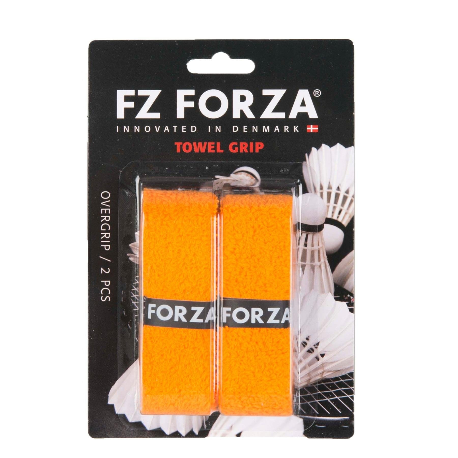 Enhance your playing experience with the FZ Forza Badminton Towel Grip (pair) in orange. This stylish pack includes two overgrips, highlighted by sleek black labeling. The vibrant backdrop, decorated with shuttlecocks, adds an extra touch of flair. Made with pride in Denmark.