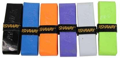 A collection of six Ashaway Grip It squash racket grips showcases vibrant colors, including black, blue, orange, purple, white, and green. Each overgrip is secured with a black band labeled "Ashaway" and features GRIPIT Technology for improved performance.