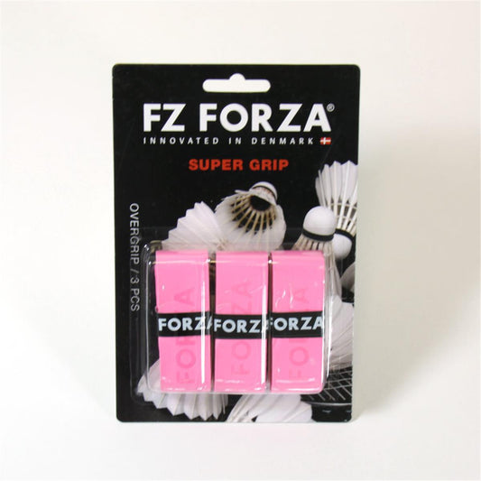 The packaging for the FZ Forza Super Grip Badminton Grip - 3 Pack in pink features three robust overgrips, highlighted by its backdrop of badminton shuttlecocks. The FZ Forza branding confidently announces "Innovated in Denmark," guaranteeing a grip that is both comfortable and dependable for your game.