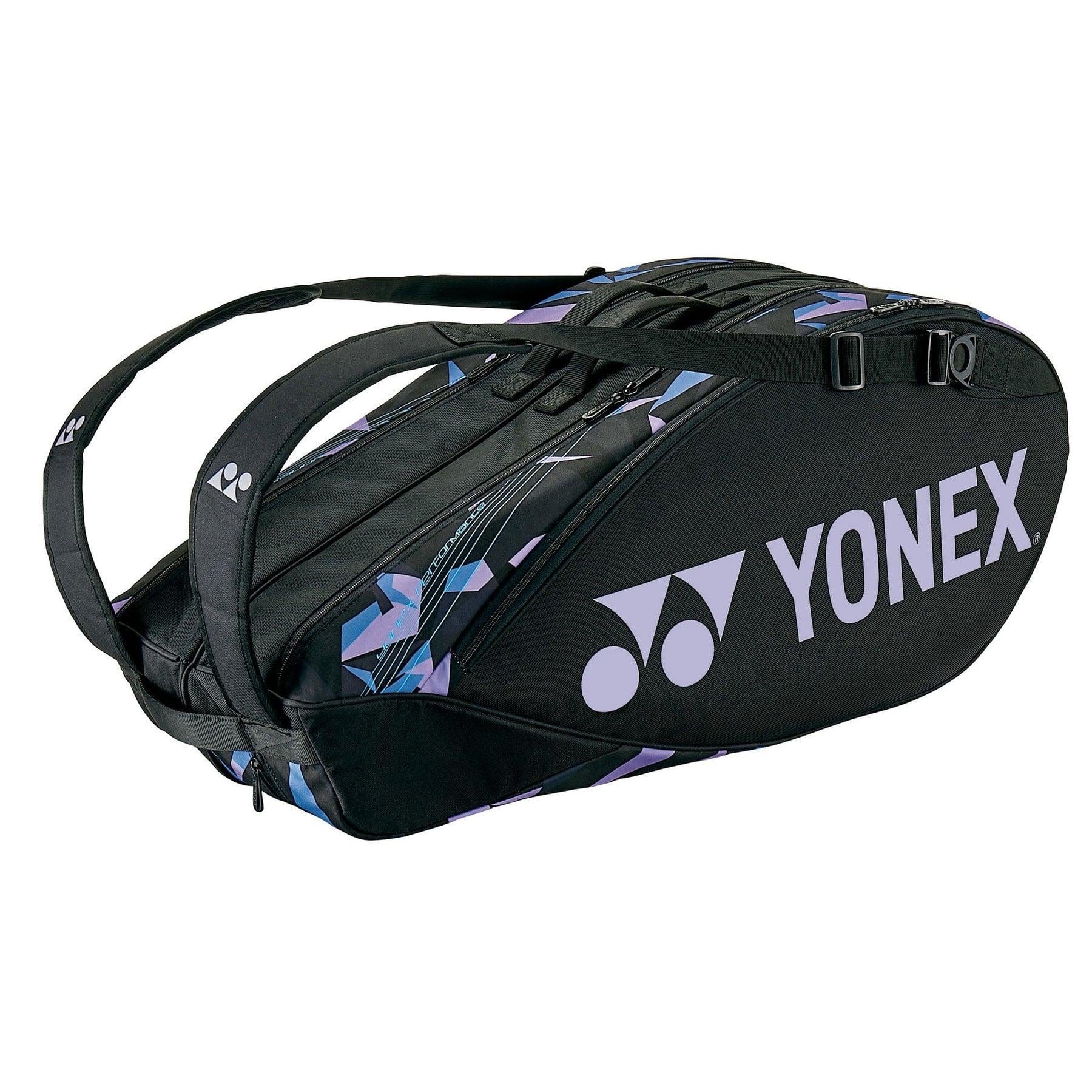 A Yonex 92226EX Mist Purple racket bag with dual shoulder straps, featuring a black and blue geometric pattern on the sides. The prominently displayed large white Yonex logo on the side highlights its pro-level quality.